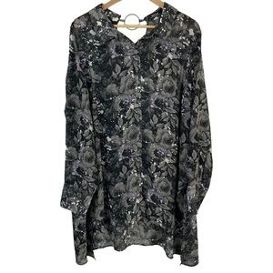 MBLM Longline Tunic Blouse Women’s 2X Grey Purple Button Up Shirt Floral EUC